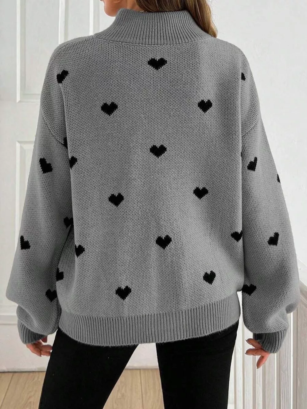 Full Size Heart Half-Zip Long Sleeve Sweater Plus Size, image 4