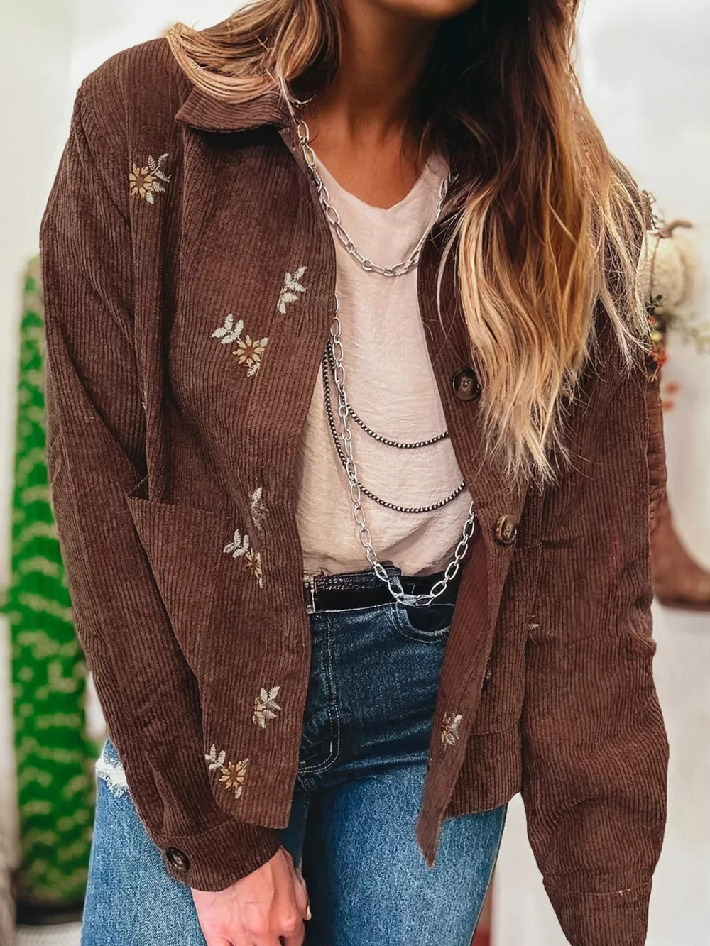 Floral Embroidered Collar Button Front Corduroy Jacket, image 4