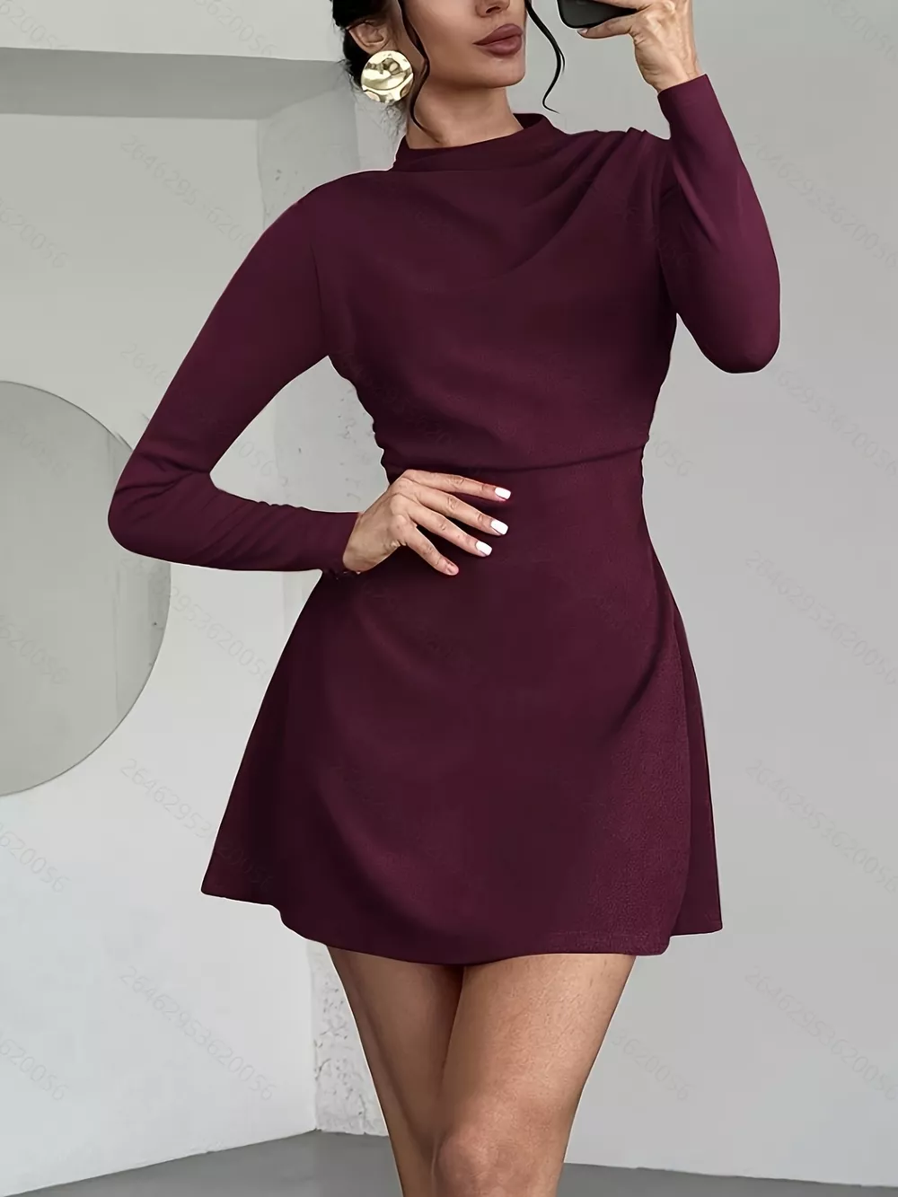 Mock Neck Long Sleeve Mini Dress, image 2