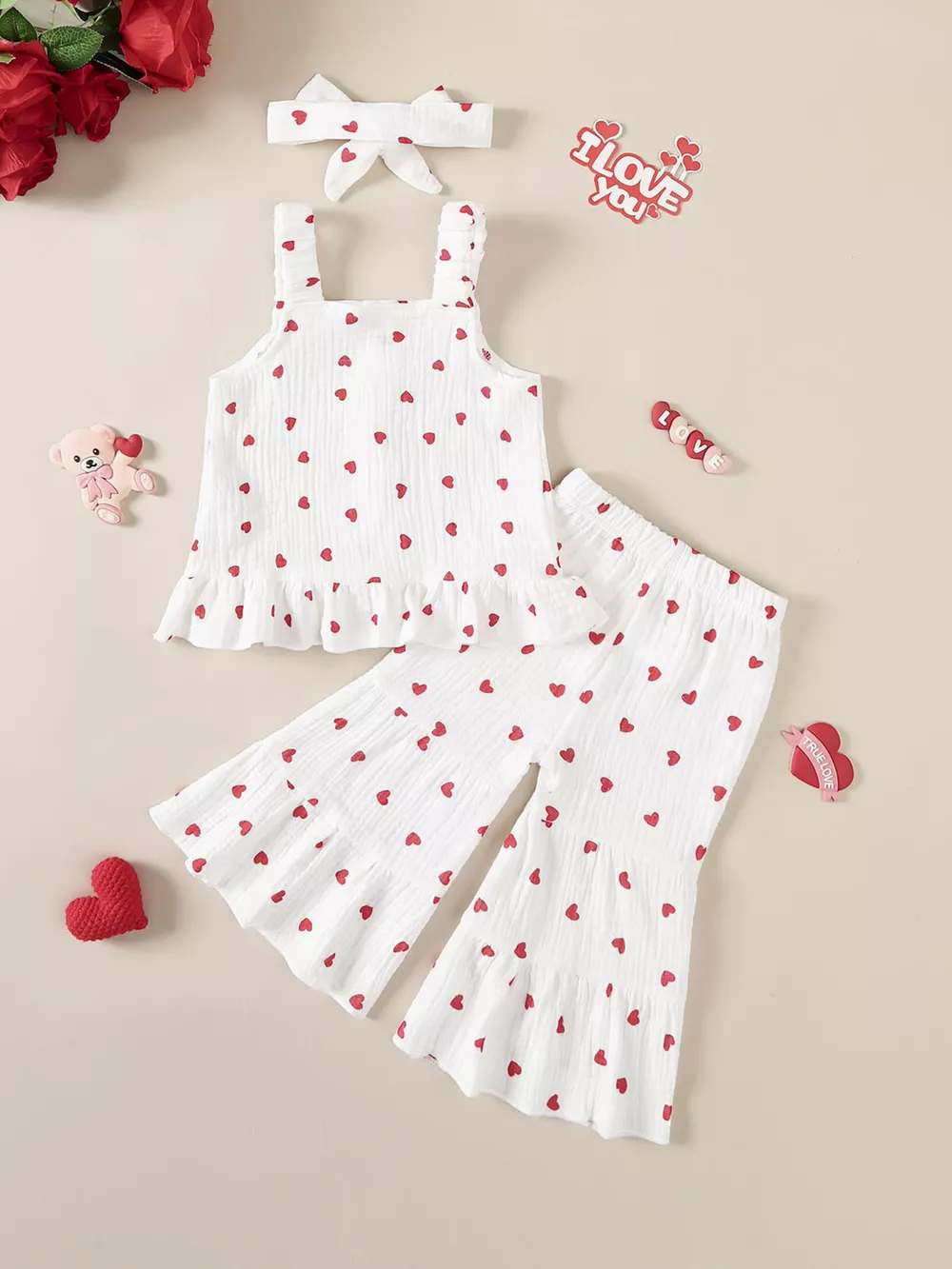 Children's Heart Print Top and Flare Pants with Headband, image 7