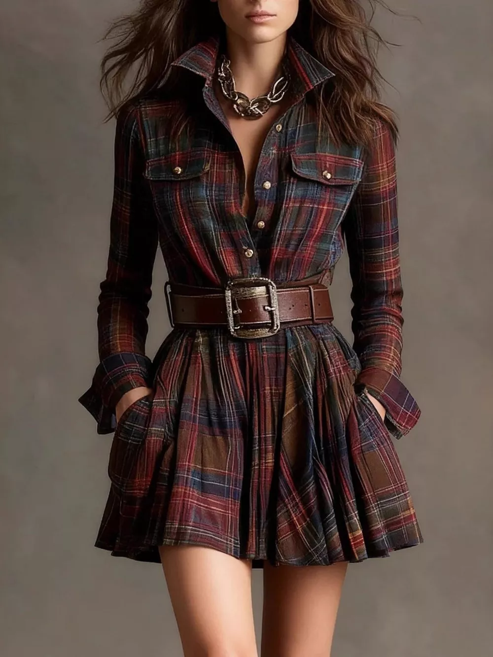 Plaid Long Sleeve Shirt Dress, image 2