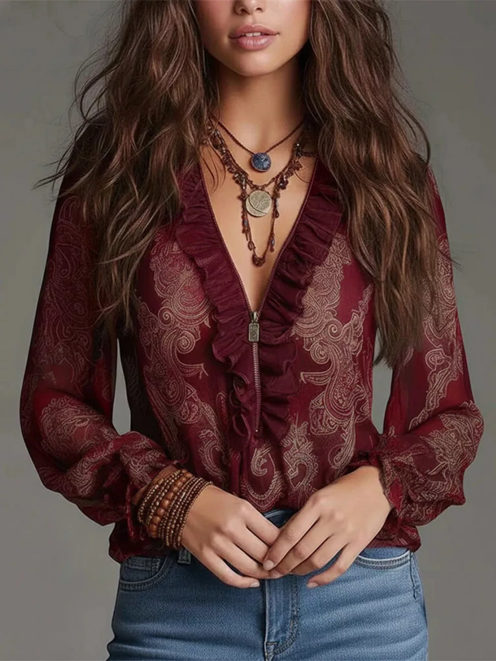 Full Size Paisley Print Ruffle Trim Zip-Front Blouse Plus Size, image 6