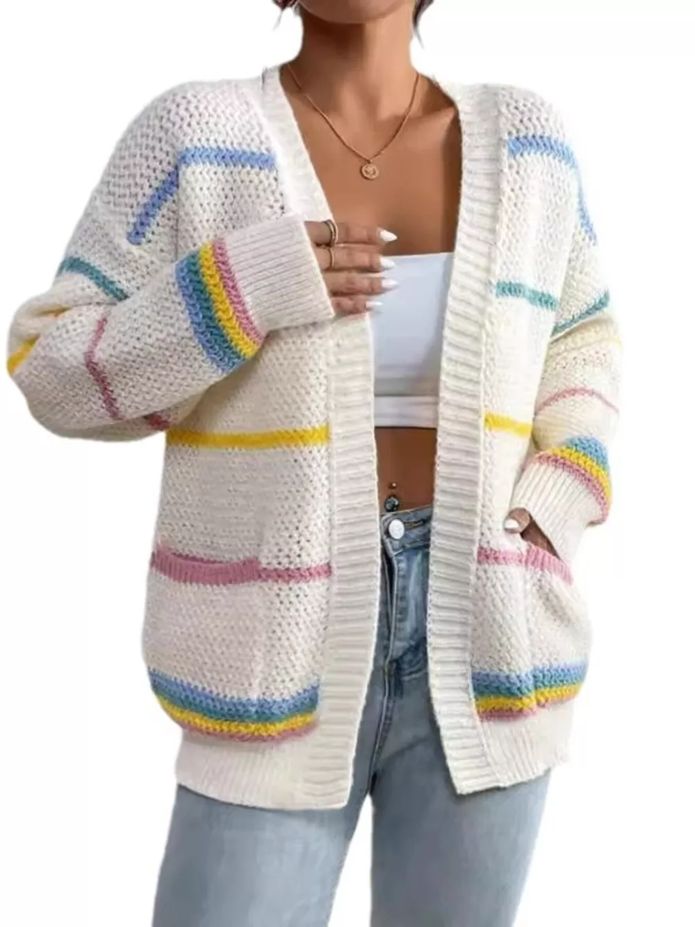 Striped Open Front Knit Cardigan, image 8