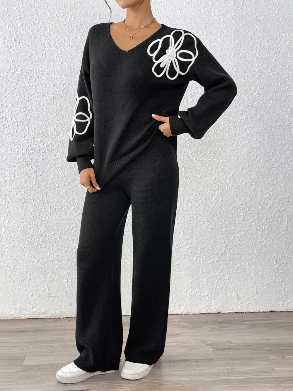 V-Neck Dropped Shoulder Top and Pants Sweater Set, image 6