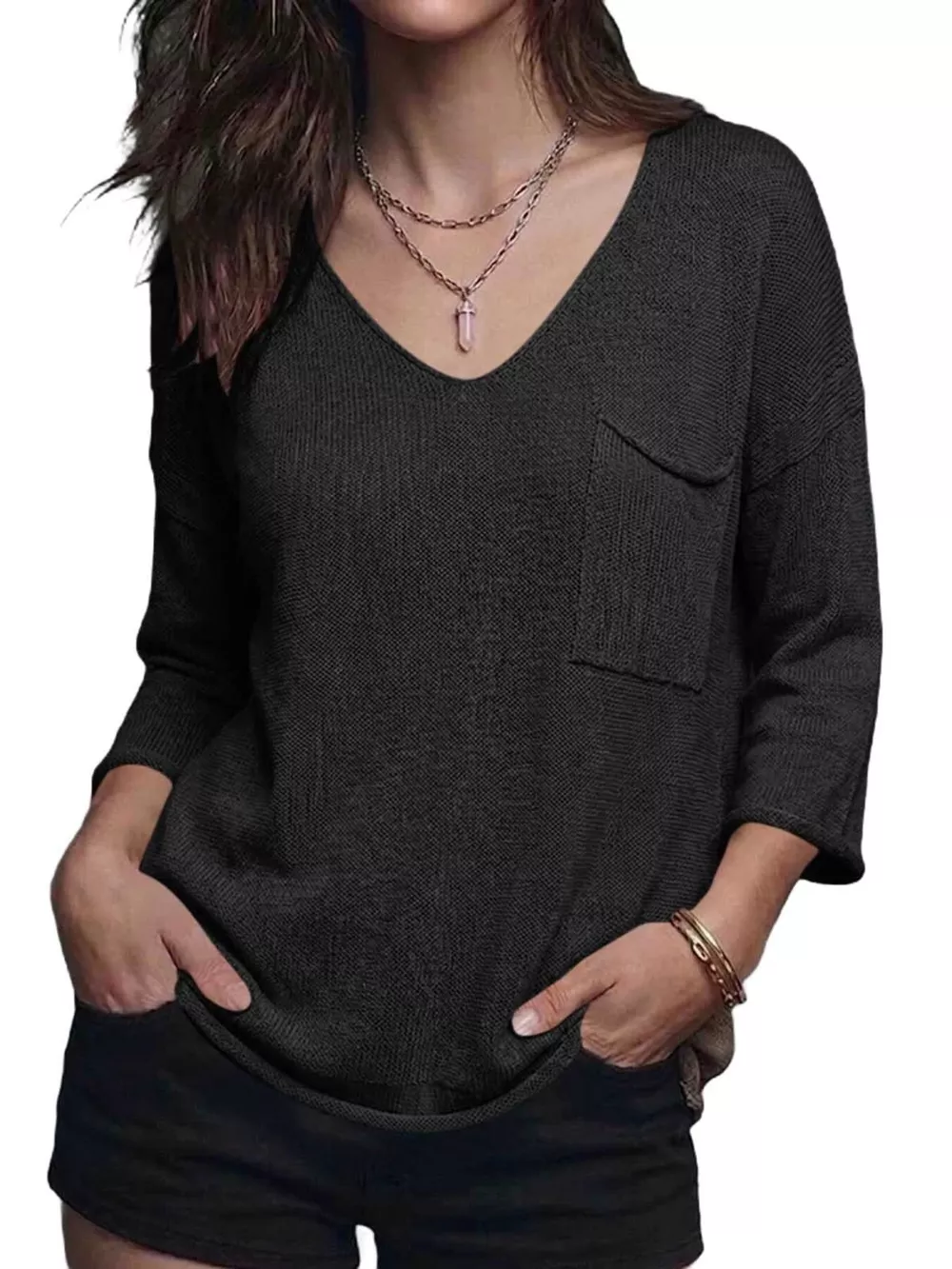 V-Neck Chest Pocket Knit Top, image 4