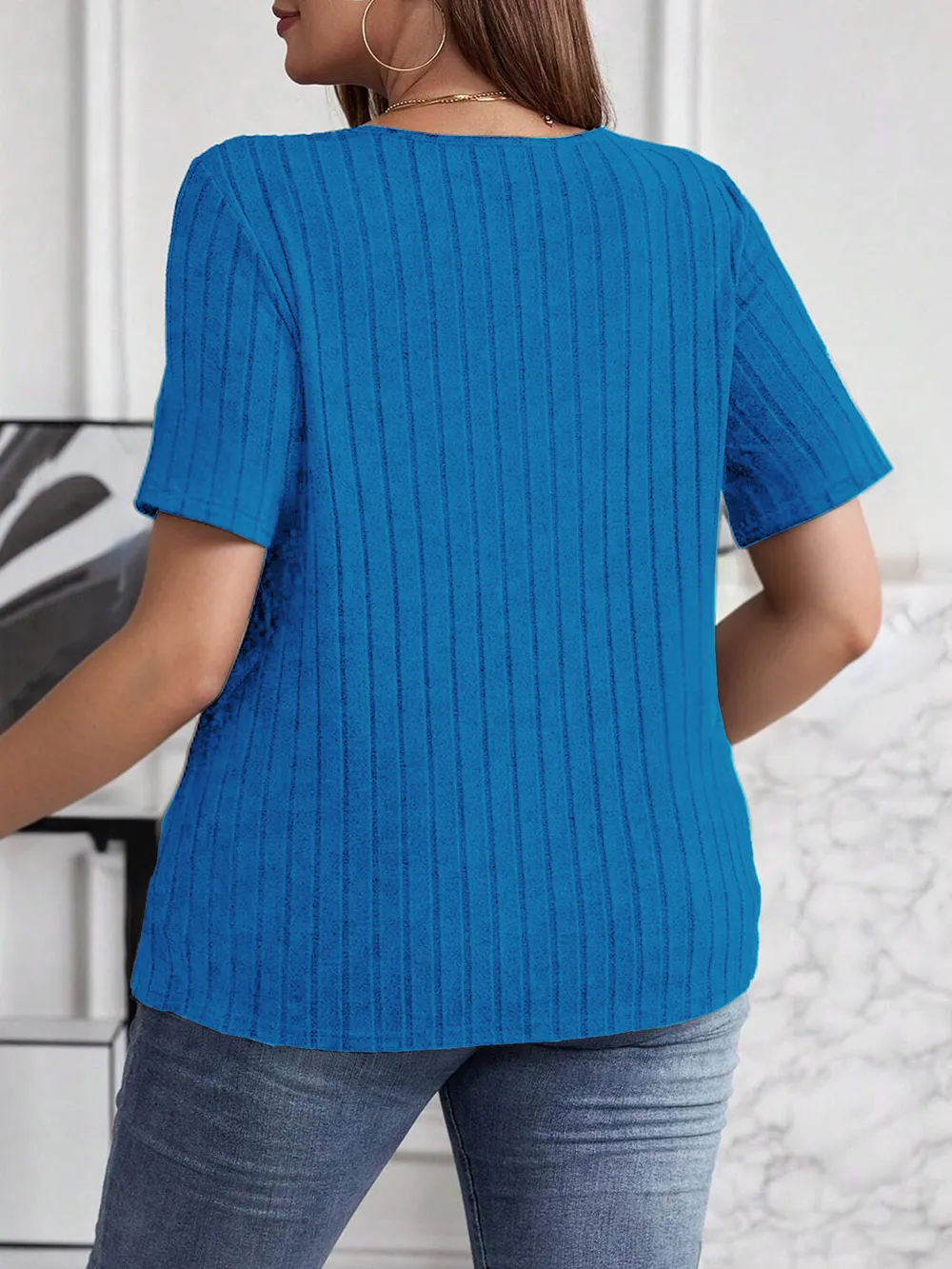 Plus Size V-Neck Short Sleeve Ribbed T-Shirt, image 9