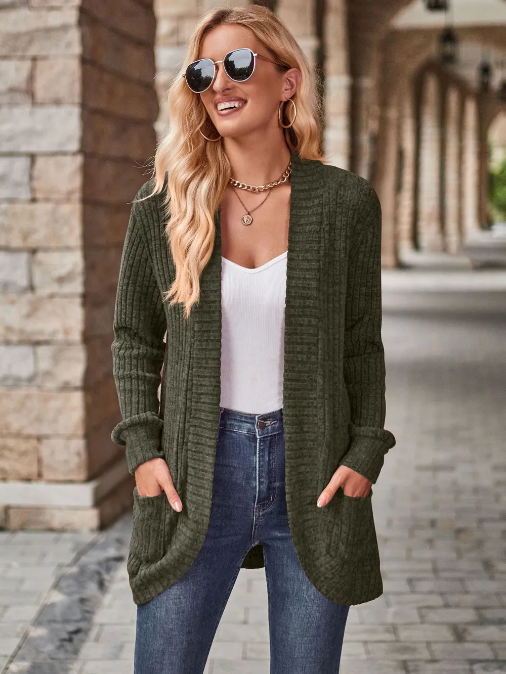 Ribbed Open Front Long Cardigan with Pockets, image 15