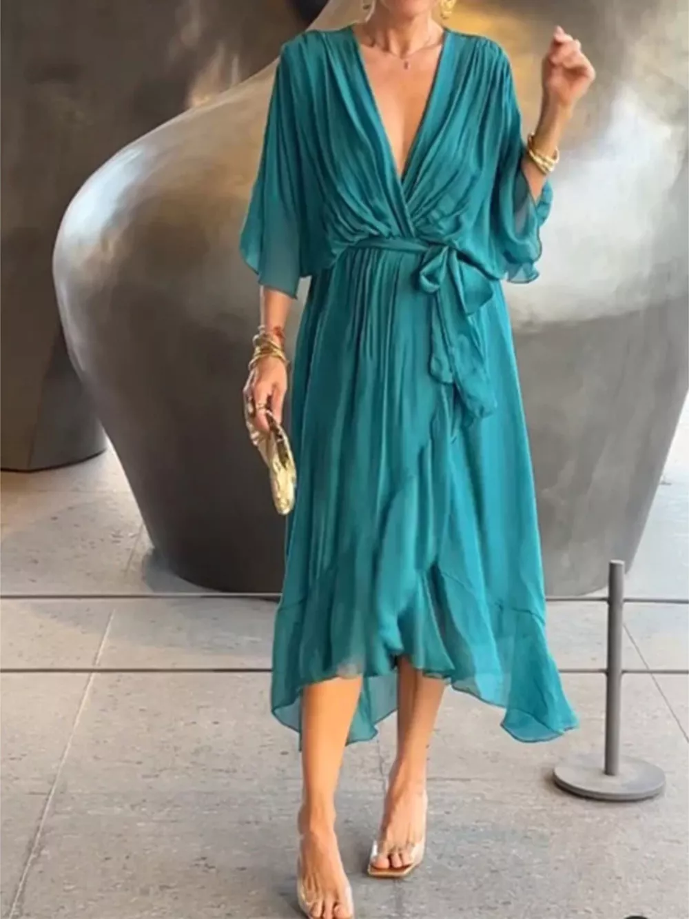 Full Size Chiffon Wrap Dress with Flutter Sleeves Plus Size, image 9