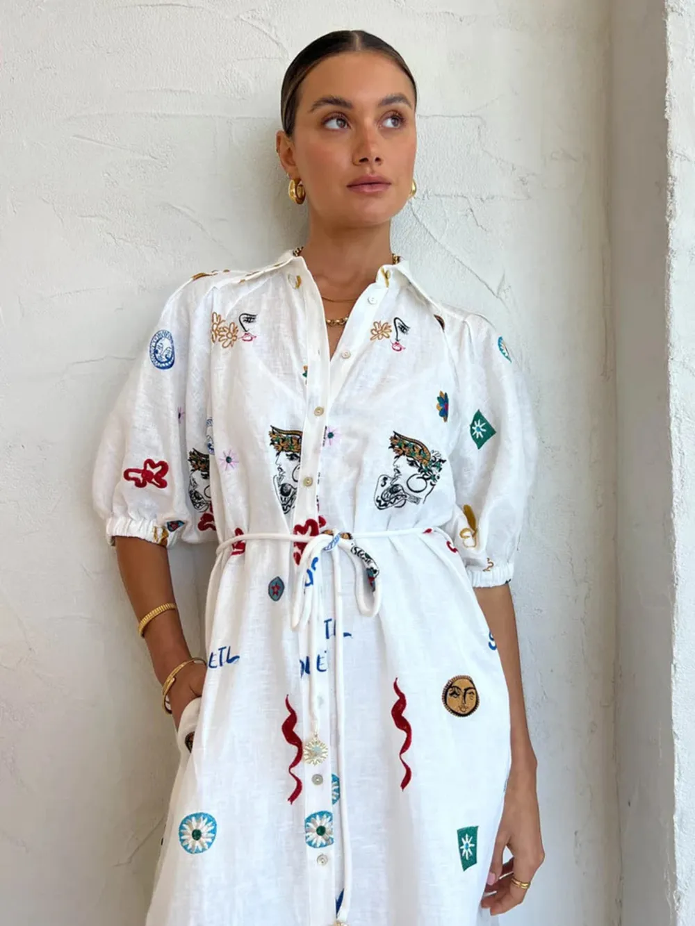 Printed Button Up Midi Shirt Dress, image 7