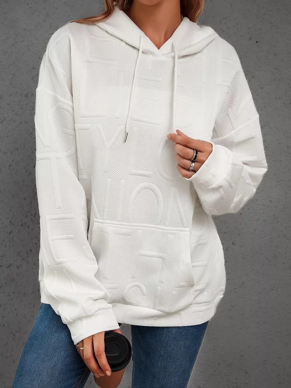 Full Size Textured Embossed Long Sleeve Hoodie Plus Size, image 4