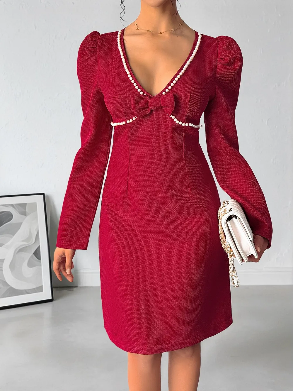 Pearl Trim V-Neck Long Sleeve Bodycon Dress, image 3