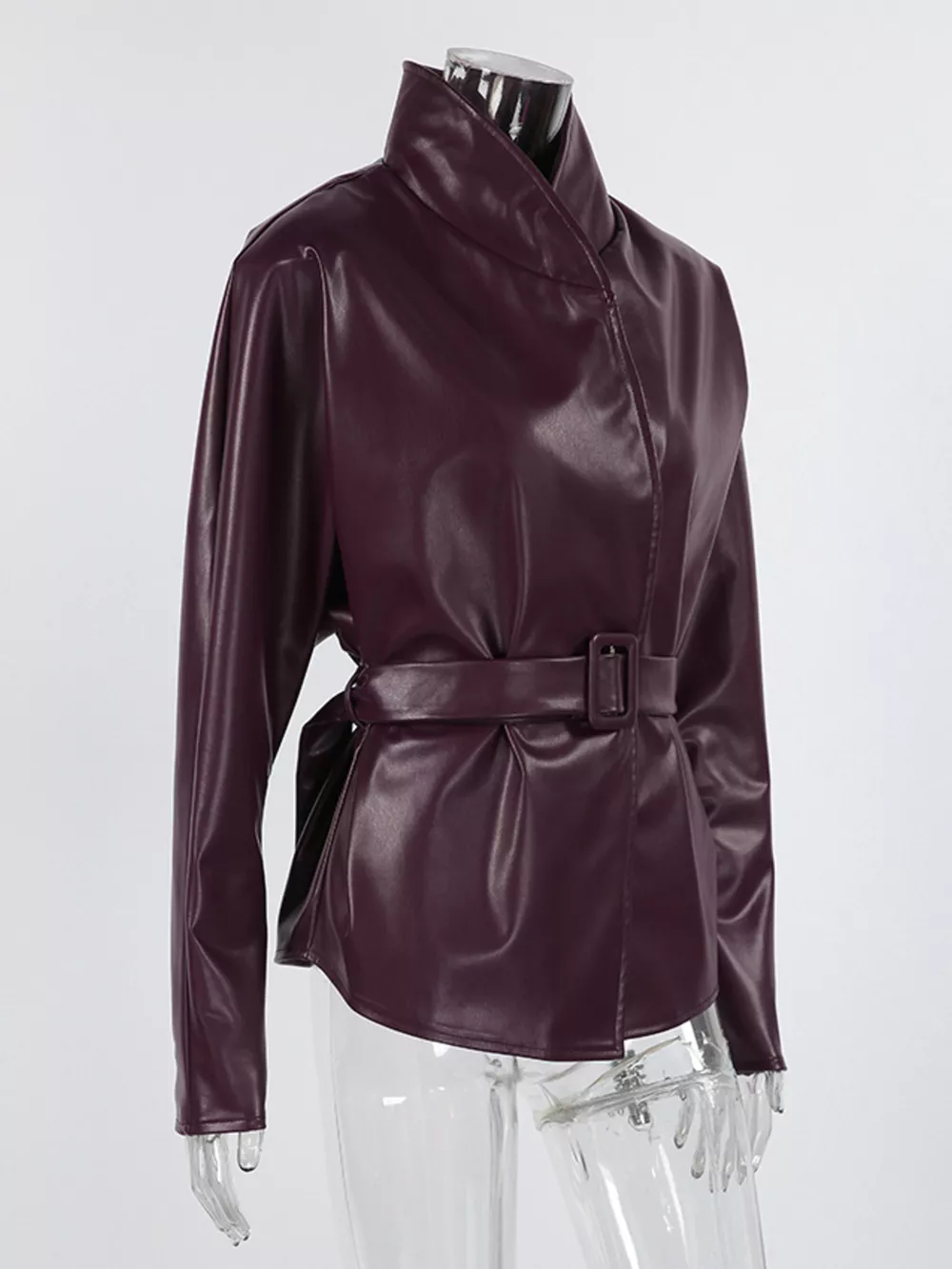 Stand Collar Belted Faux Leather Jacket, image 15