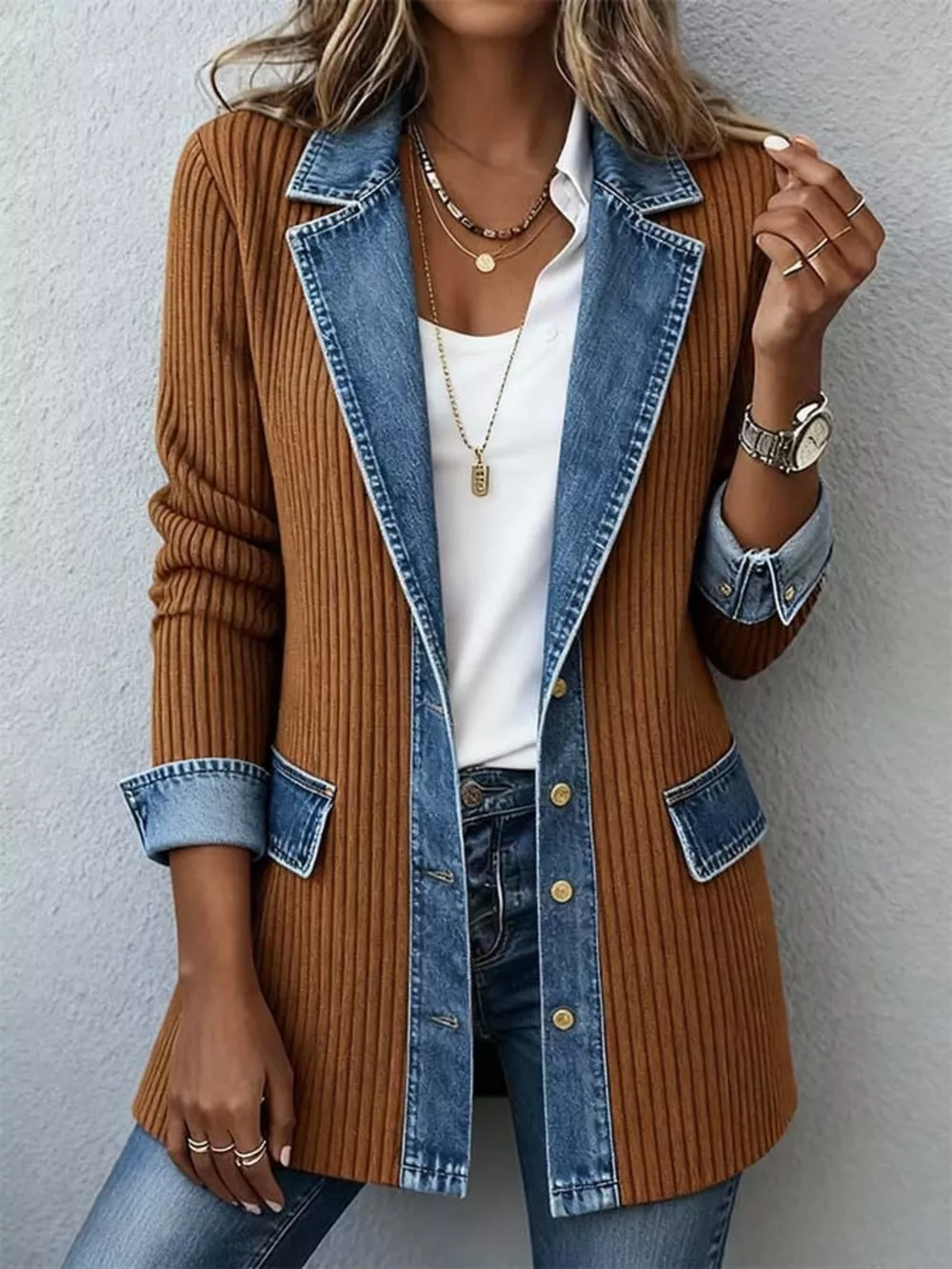Full Size Denim Trim Ribbed Knit Jacket Plus Size, image 3
