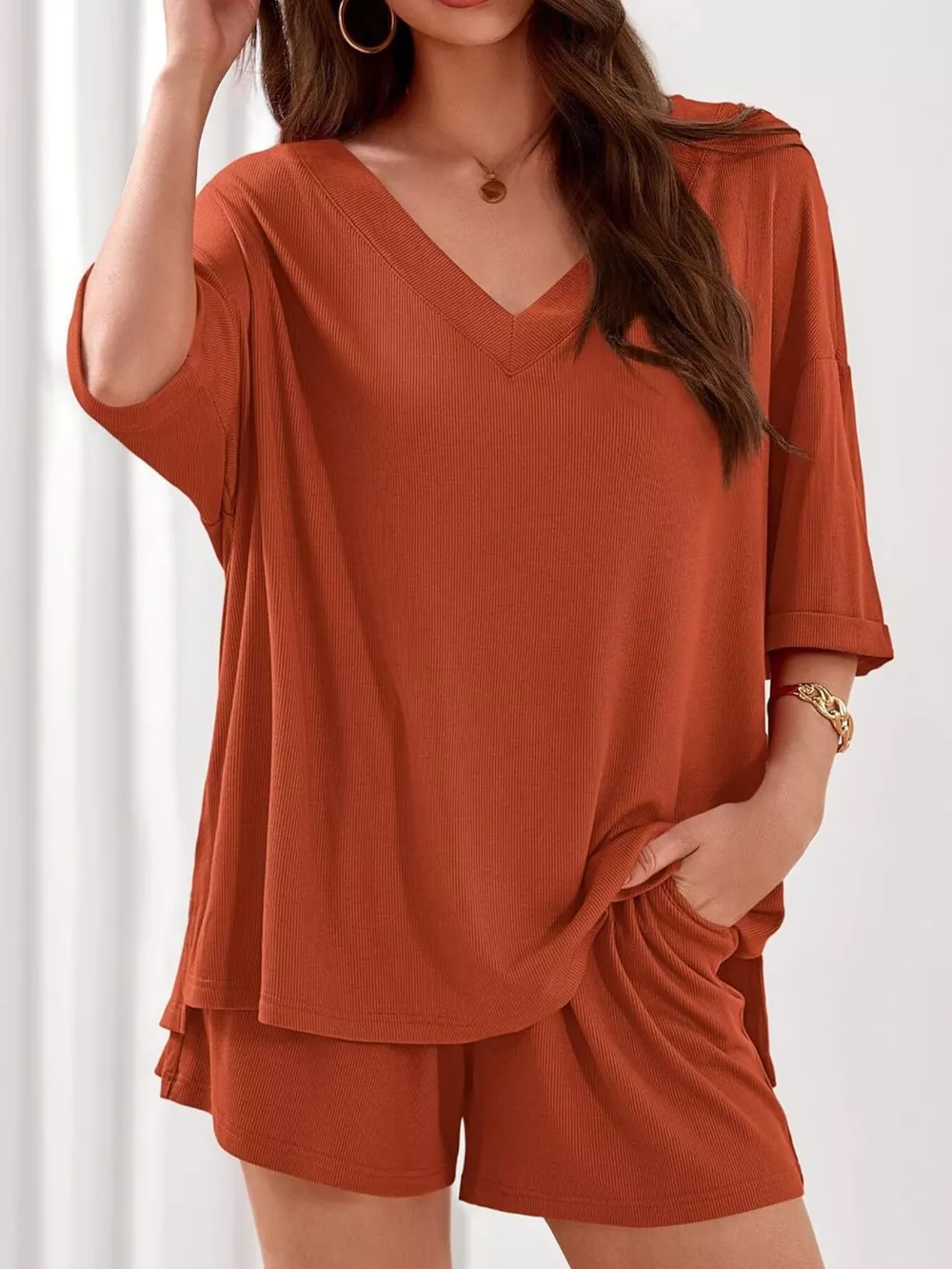 Casual Solid Color V-Neck Top & Shorts Set, image 12