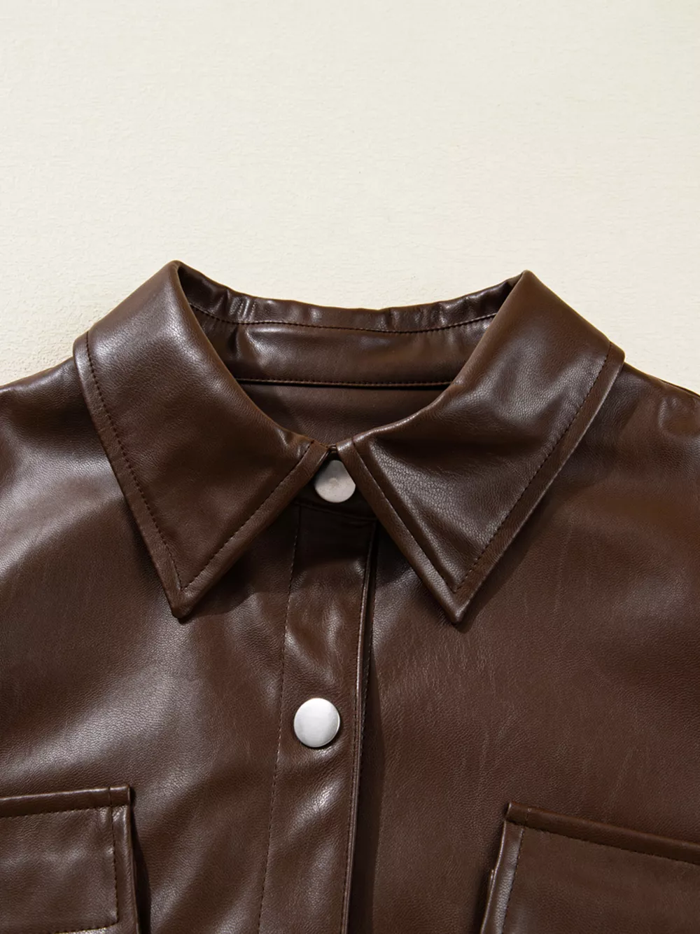 Double Flap Pocket Drawstring Hem Leather Jacket, image 12