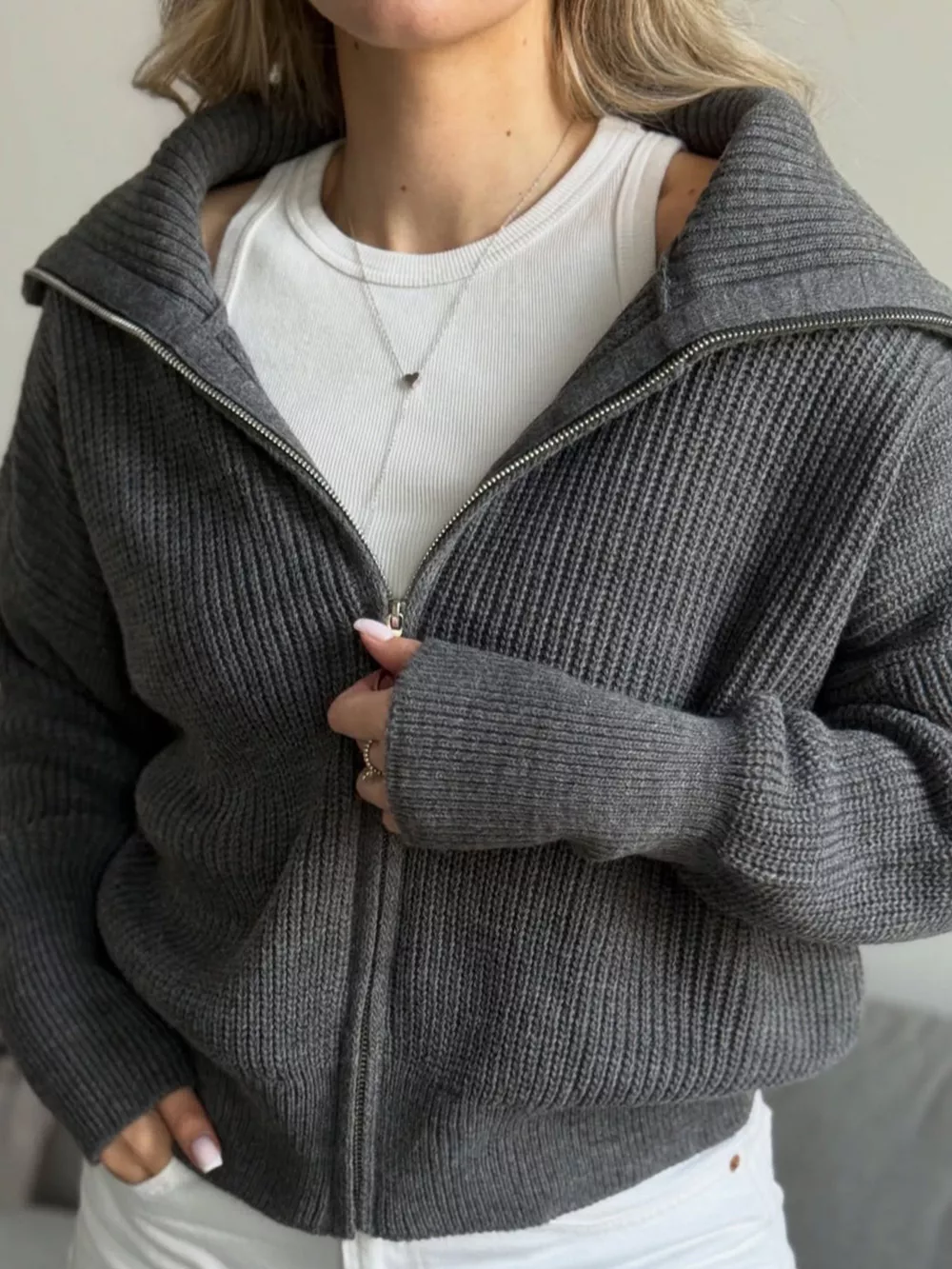 Zip Up Dropped Shoulder Cardigan, image 6