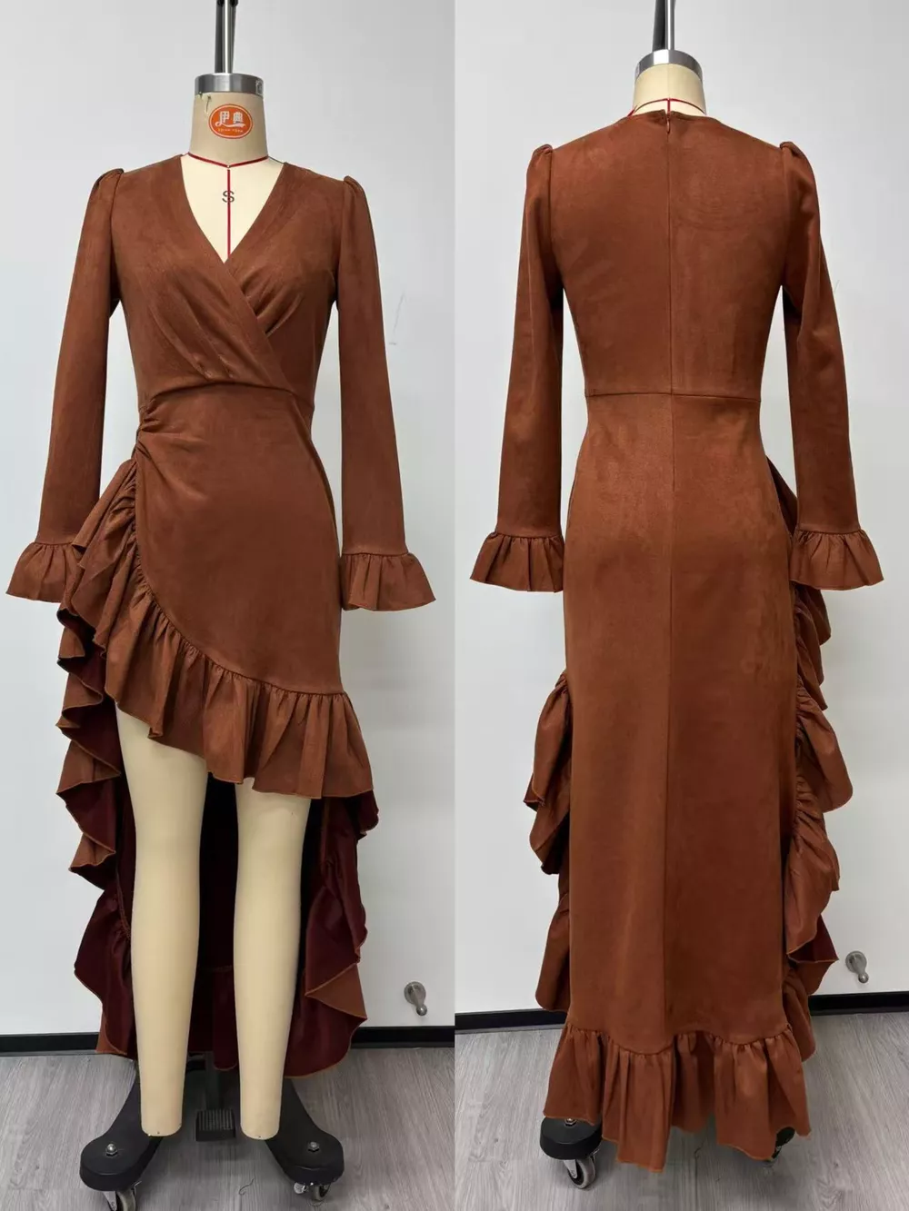 Boho Chic Suede Wrap Dress with Ruffled High-Low Hem, image 3