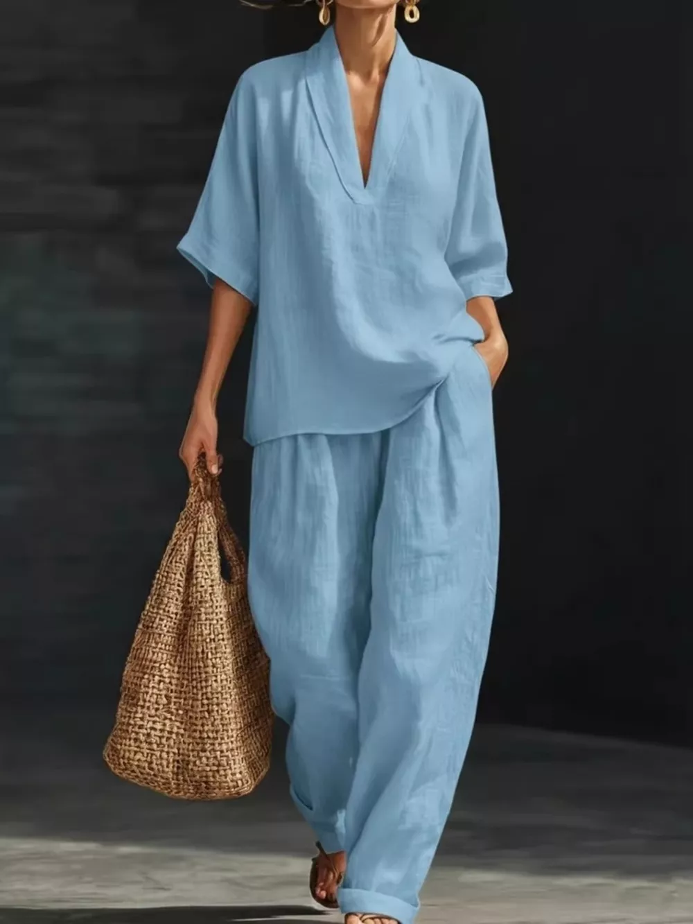 Full Size Half Sleeve Top and Wide Leg Pants Set Plus Size, image 7
