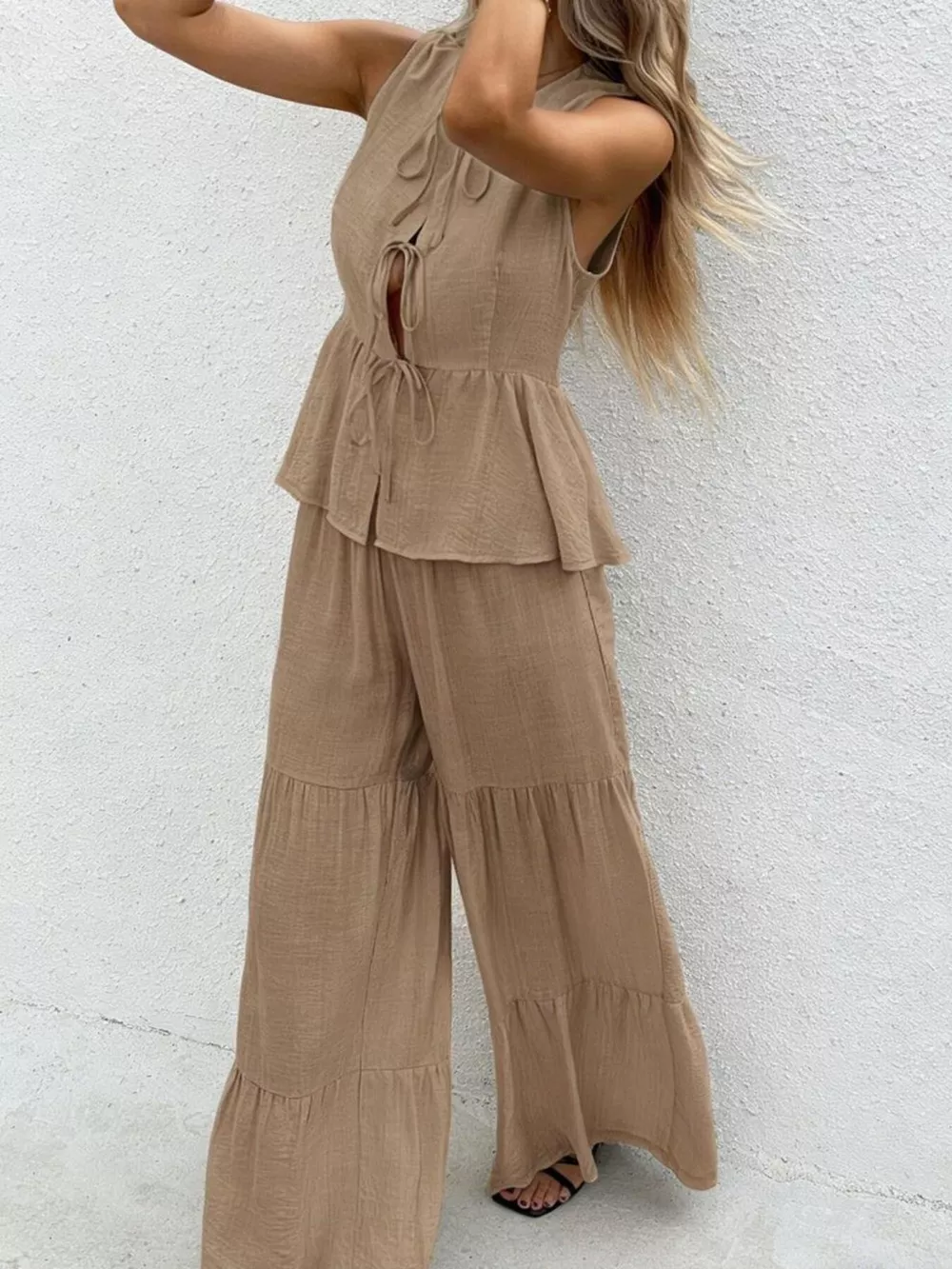 Sleeveless Tie-Front Top and Wide Leg Pants Set, image 8