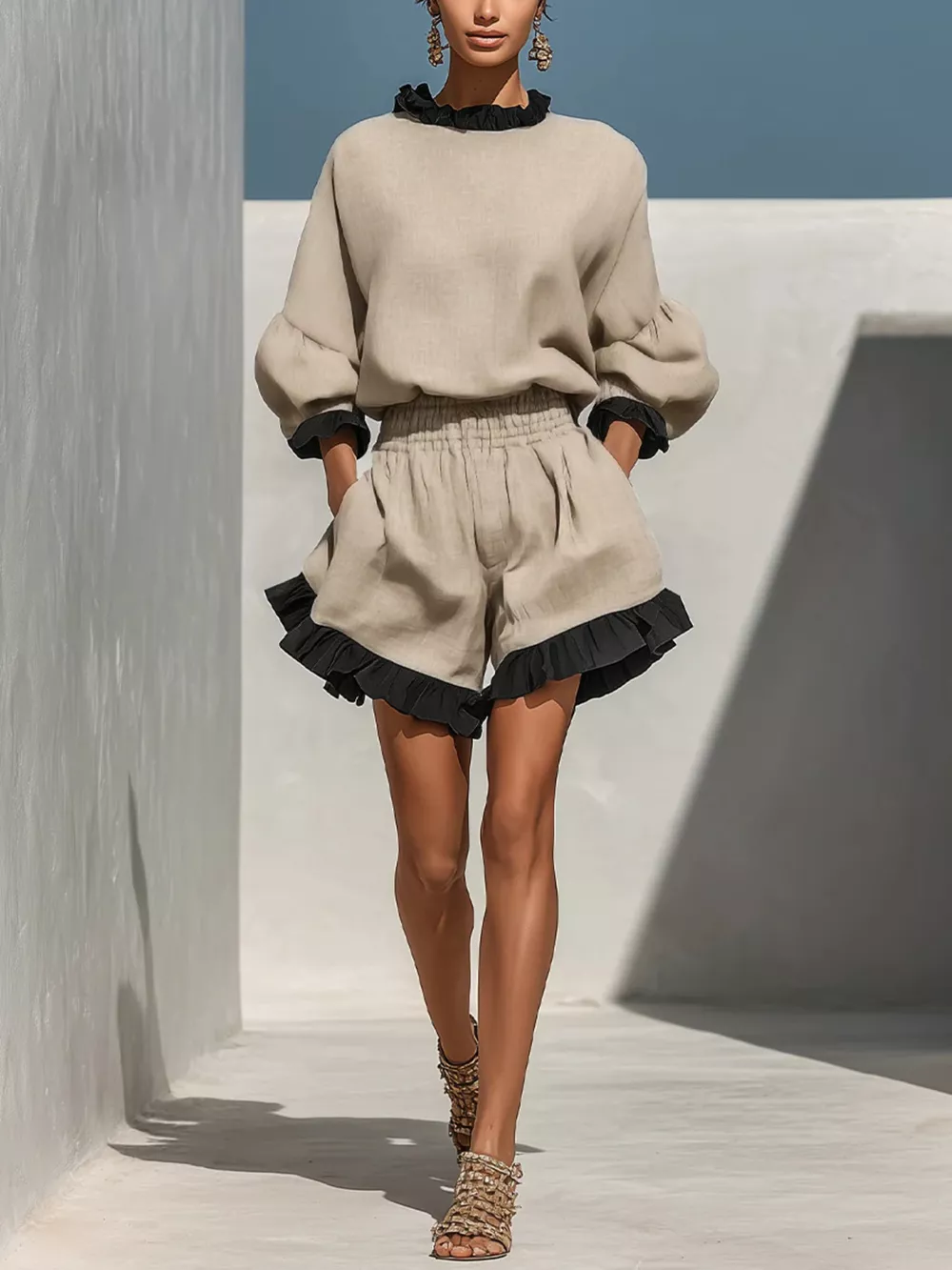 Contrast Trim Dropped Shoulder Top and Shorts Set