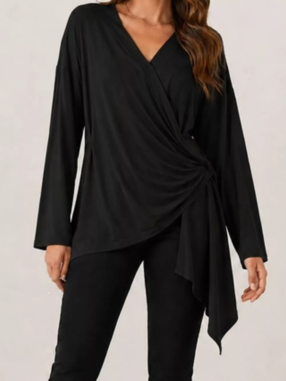 Long Sleeve Wrap T-Shirt with Side Knot Detail, image 7