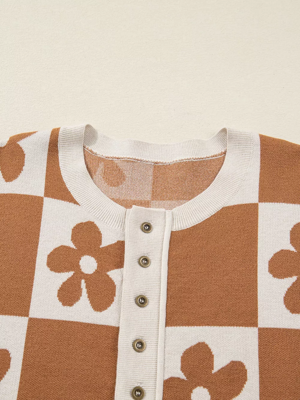 Flower Plaid Henley Baggy Sweater, image 6