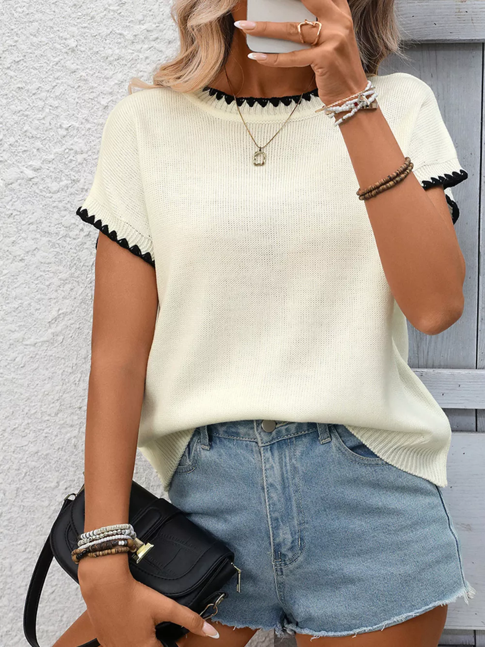 Contrast Trim Short Sleeve Sweater, image 7