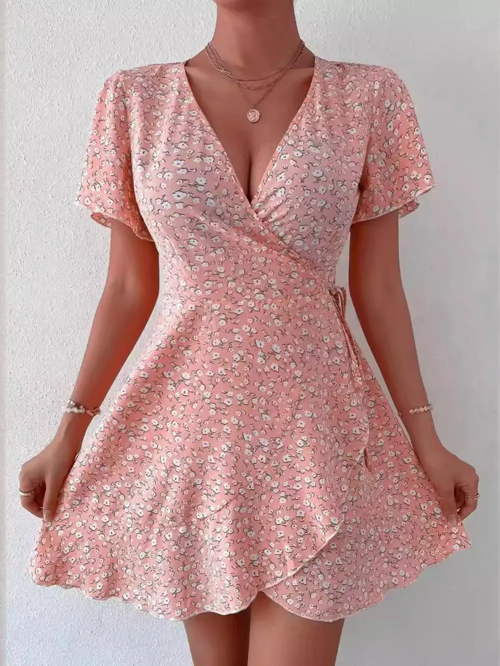 Floral Flutter Sleeve Wrap Mini Dress, image 7