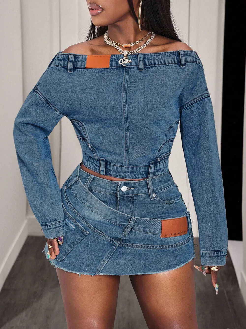 Off-Shoulder Long Sleeve Denim Top, image 3