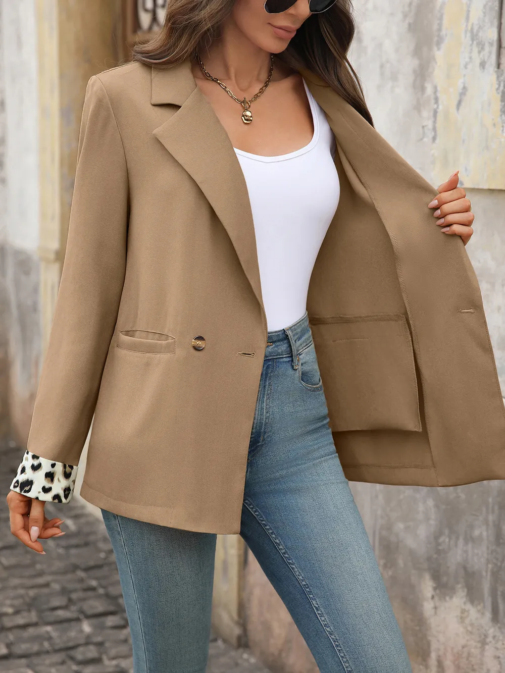 Lapel Collar Leopard Cuff Long Sleeve Blazer, image 5