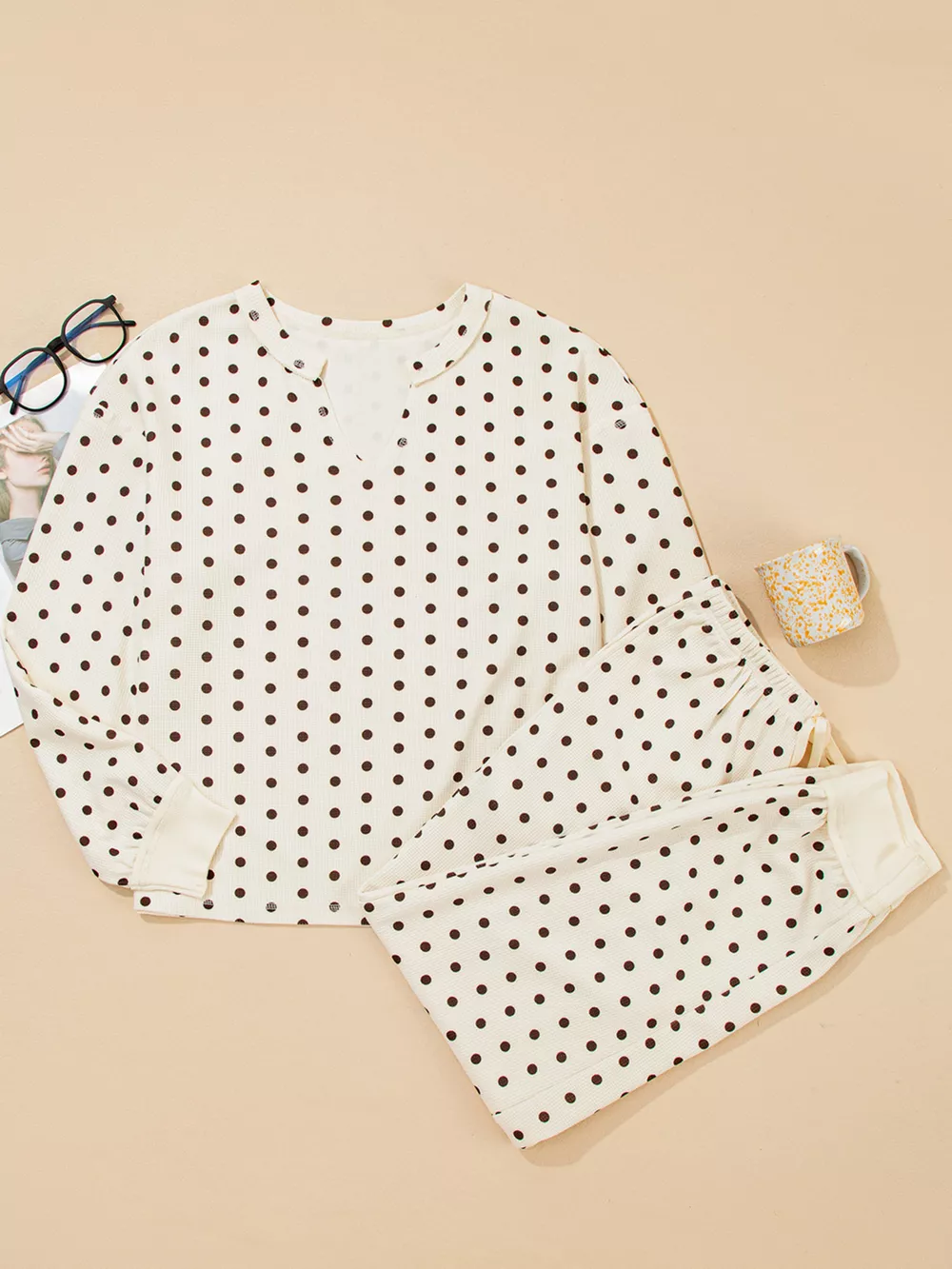 Polka Dot Notched Long Sleeve Top and Drawstring Joggers Lounge Set, image 7