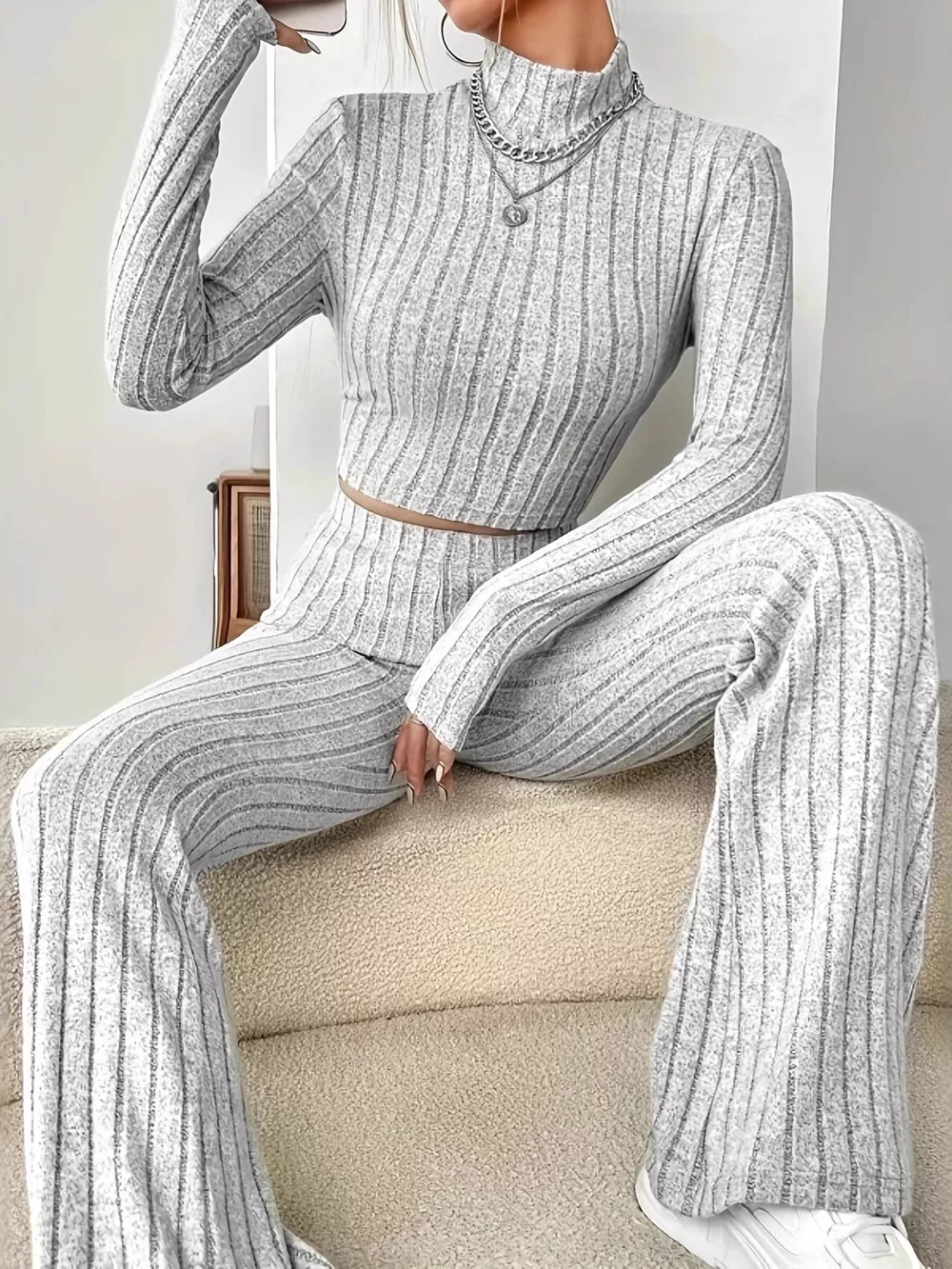 Ribbed Turtleneck Crop Top and Flare Pants Sweater Set, image 7
