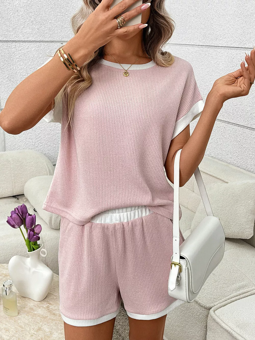 Contrast Trim Short Sleeve Top and Shorts Set, image 3