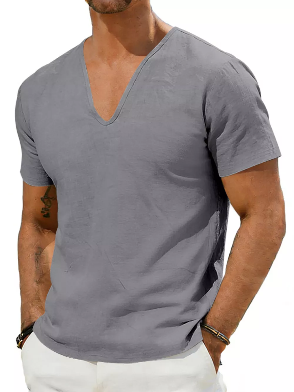 Men's Full Size Casual V-Neck Linen T-Shirt Plus Size, image 7
