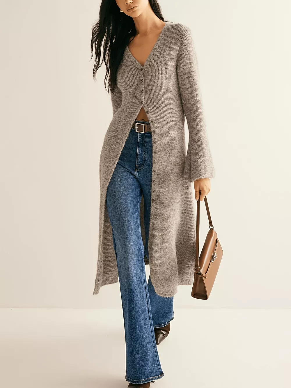 Longline Button-Down Bell Sleeve Cardigan, image 2
