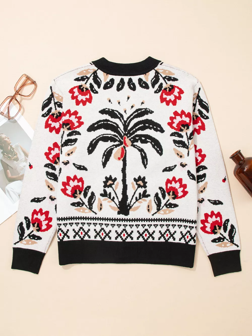 Floral Button Down Cardigan with Geometric Border, image 5