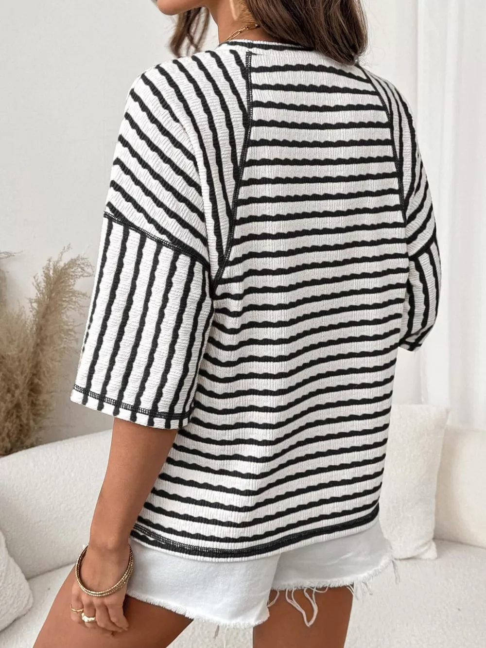 Casual Striped Raglan Sleeve Textured T-Shirt, image 3