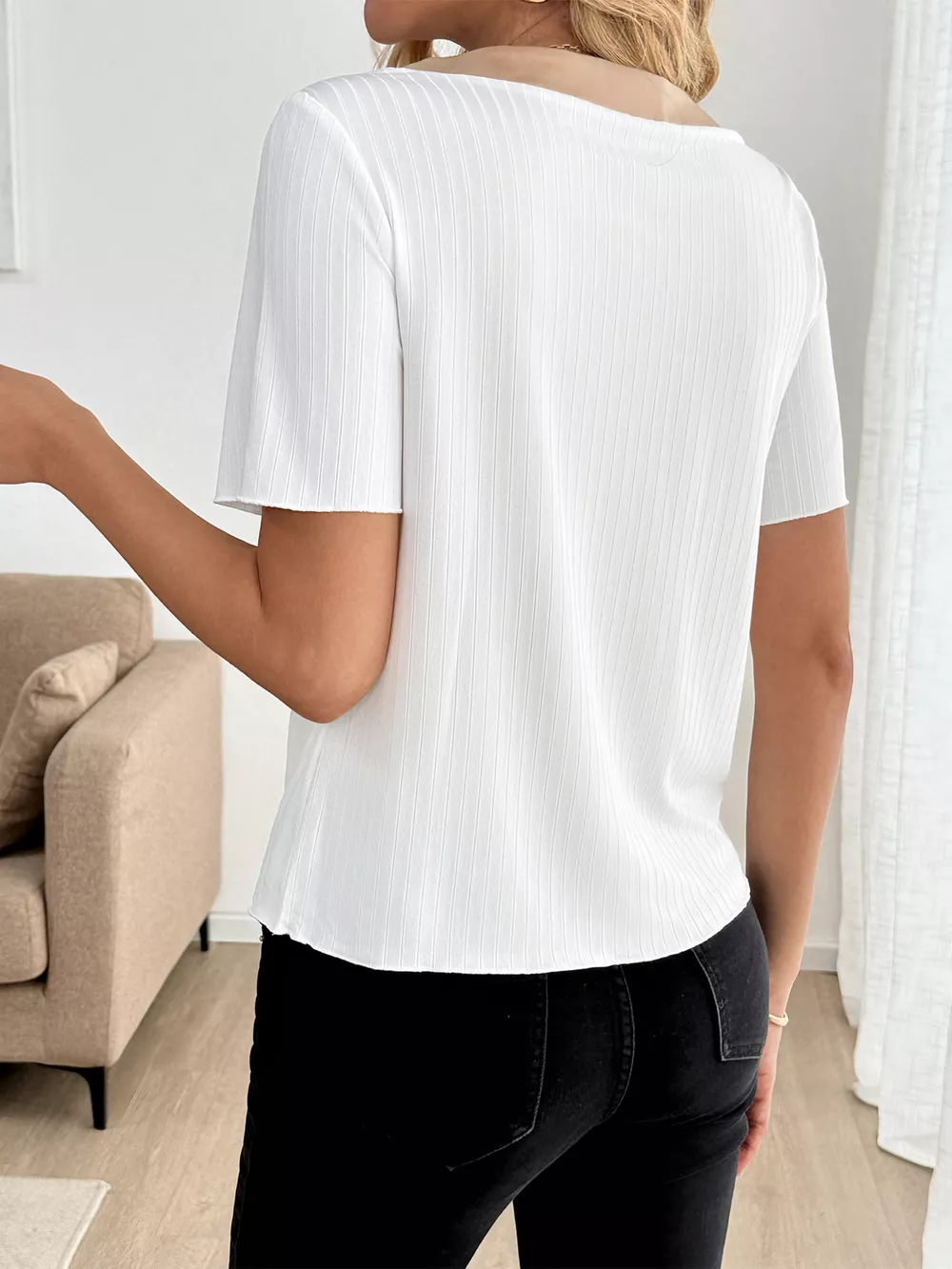 Decor Button Round Neck Short Sleeve Blouse, image 11