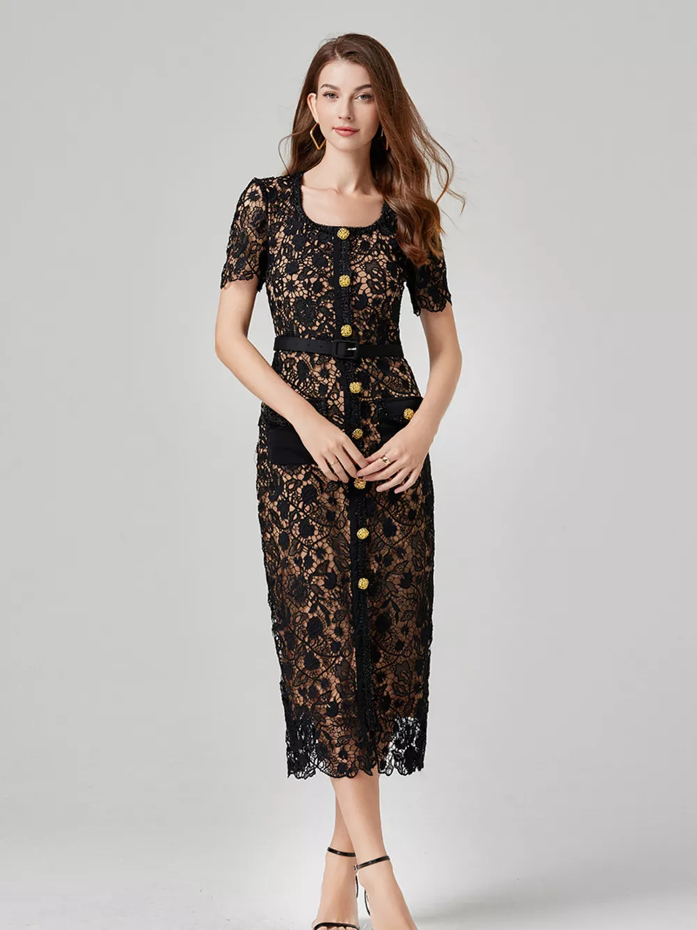 Lace Button-Up Midi Dress, image 4