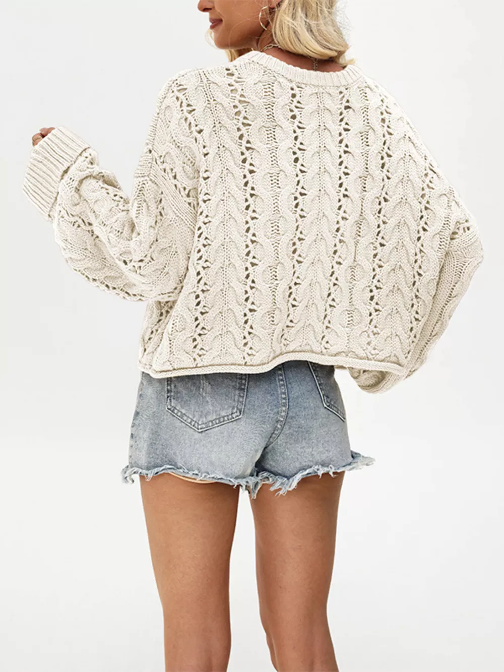 Chic Cable Knit Half-Button Openwork Sweater, image 4