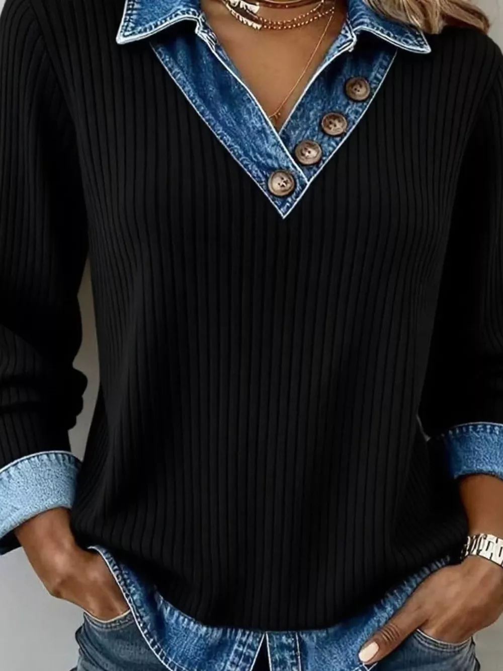 Denim Collar Ribbed Knit Top, image 3