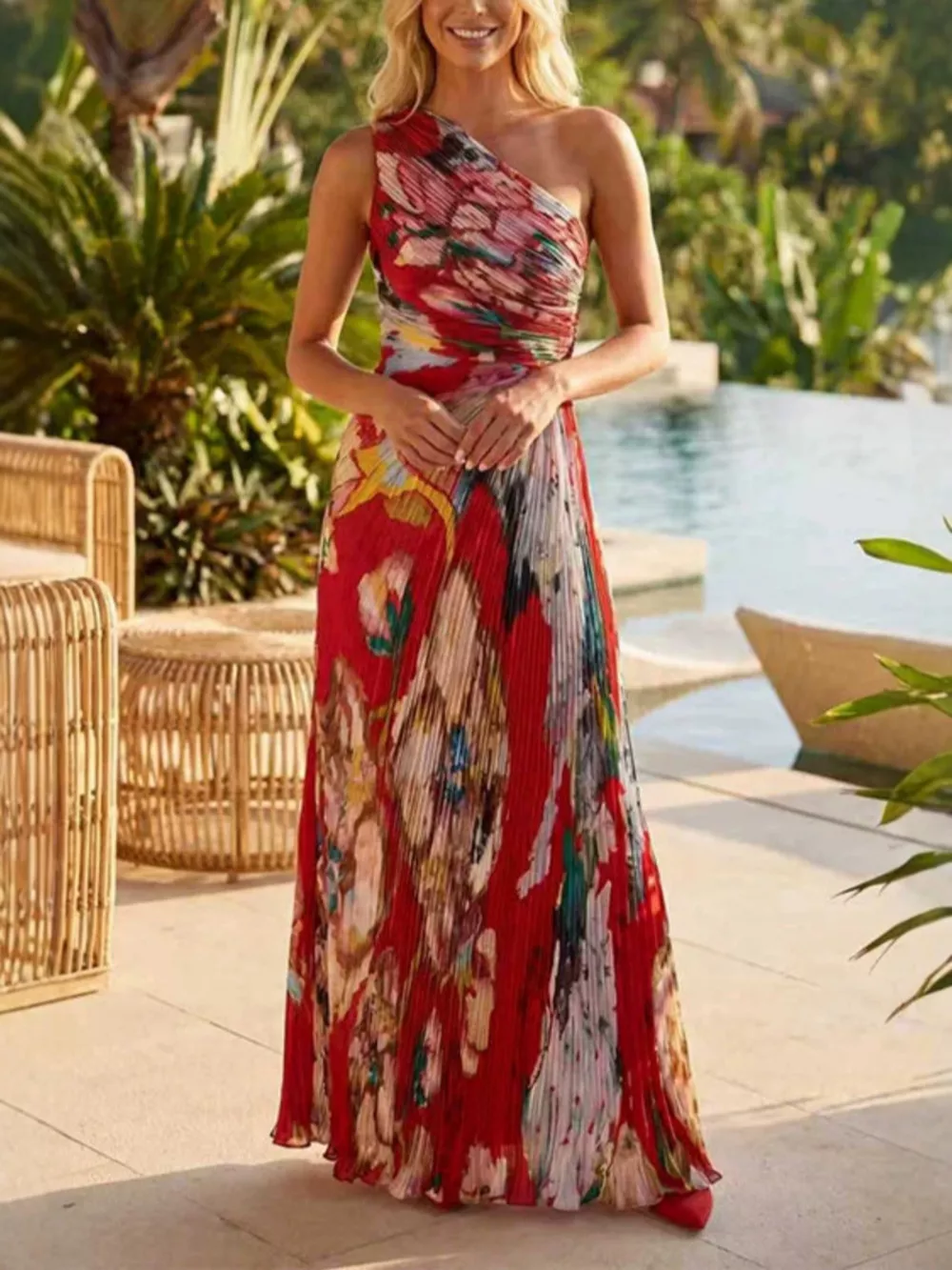 One-Shoulder Pleated Floral Maxi Dress, image 4
