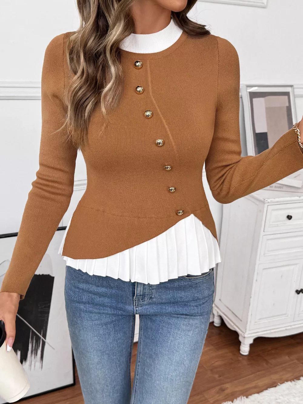 Decor Button Contrast Hem Knit Top, image 11