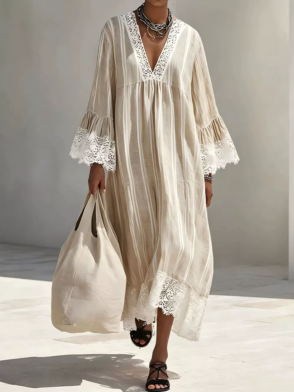 Lace Trim V-Neck Midi Dress, image 3