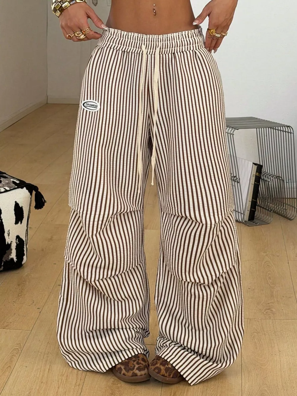 High-Waisted Striped Wide-Leg Cargo Pants with Drawstring, image 4