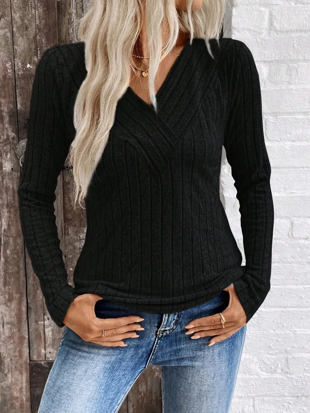 Ribbed V-Neck Long Sleeve Knit T-Shirt, image 12