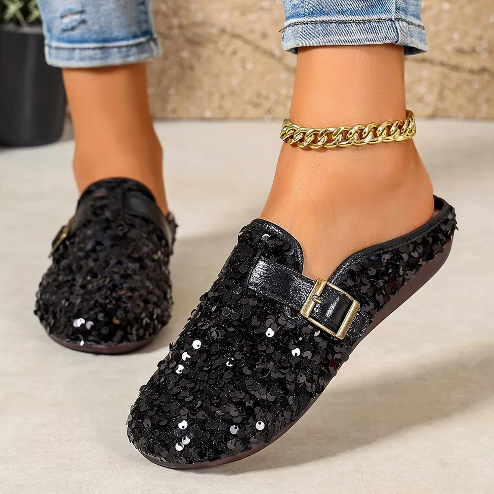 Sparkling Sequin Buckle Slip-On Loafers