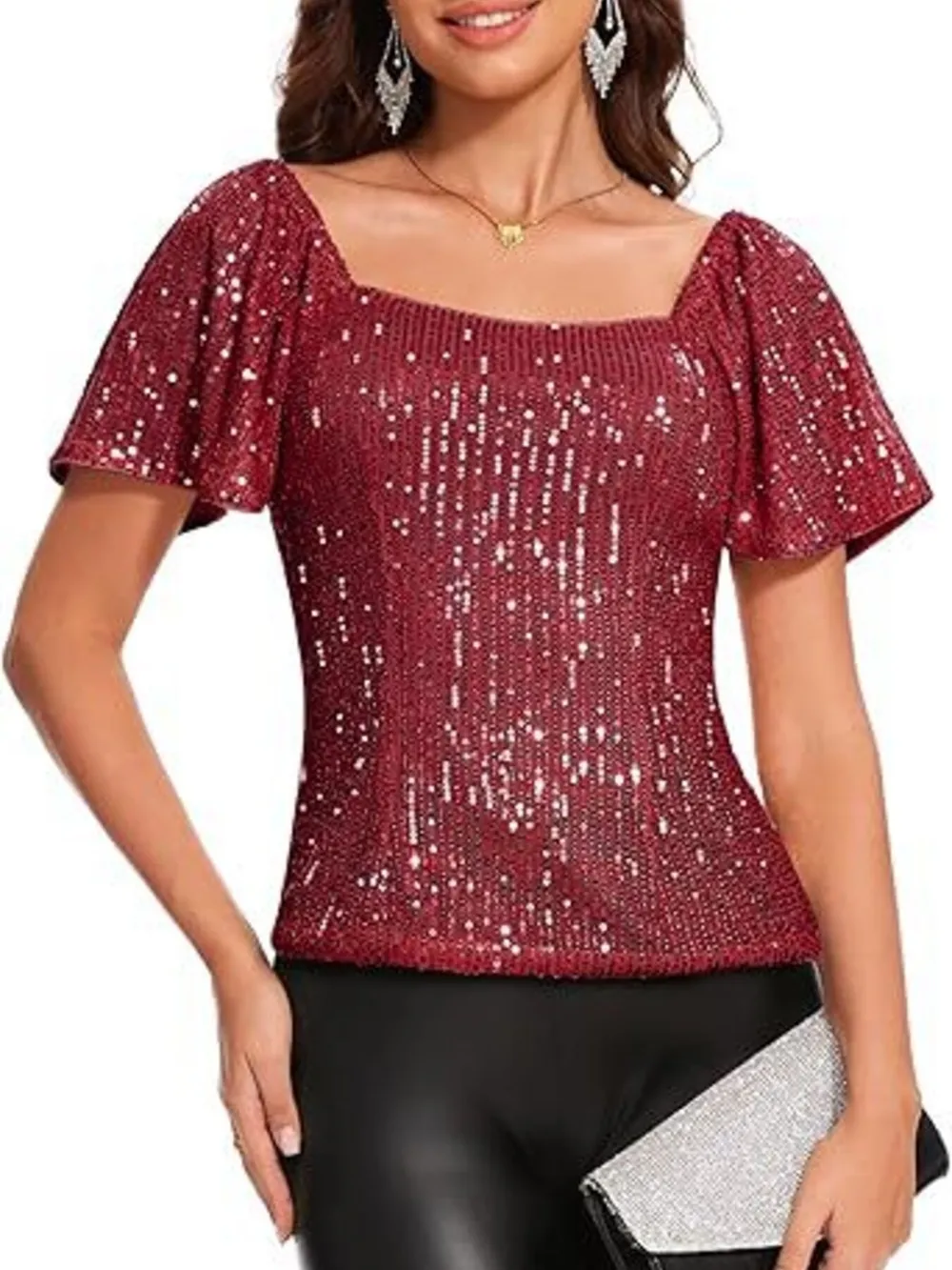 Square Neck Sequin Short Sleeve Blouse, image 6