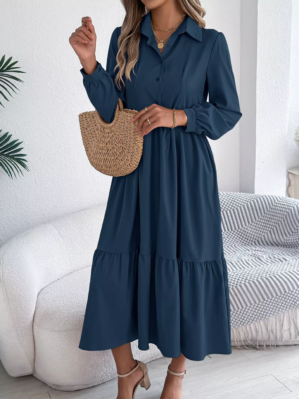 Long Sleeve Tiered Button Front Midi Dress, image 14