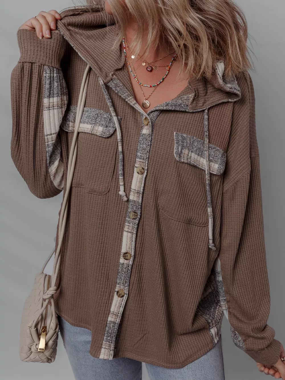 Plaid Patchwork Button Down Drawstring Hooded Shacket, image 3